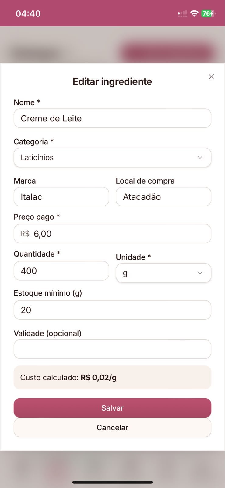 Tela do DoceDesk para cadastro do ingrediente Creme de Leite, com categoria, marca, preço, quantidade e custo calculado por grama