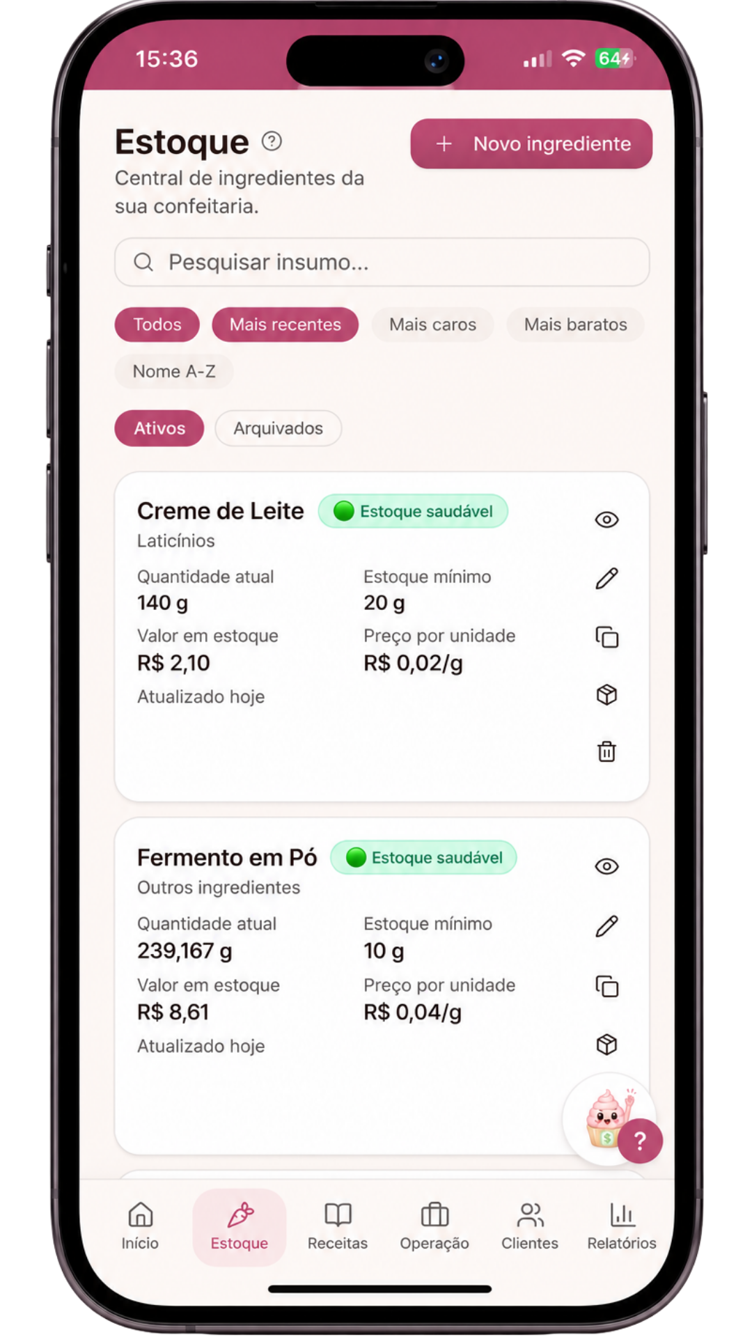 Tela de controle de estoque do DoceDesk