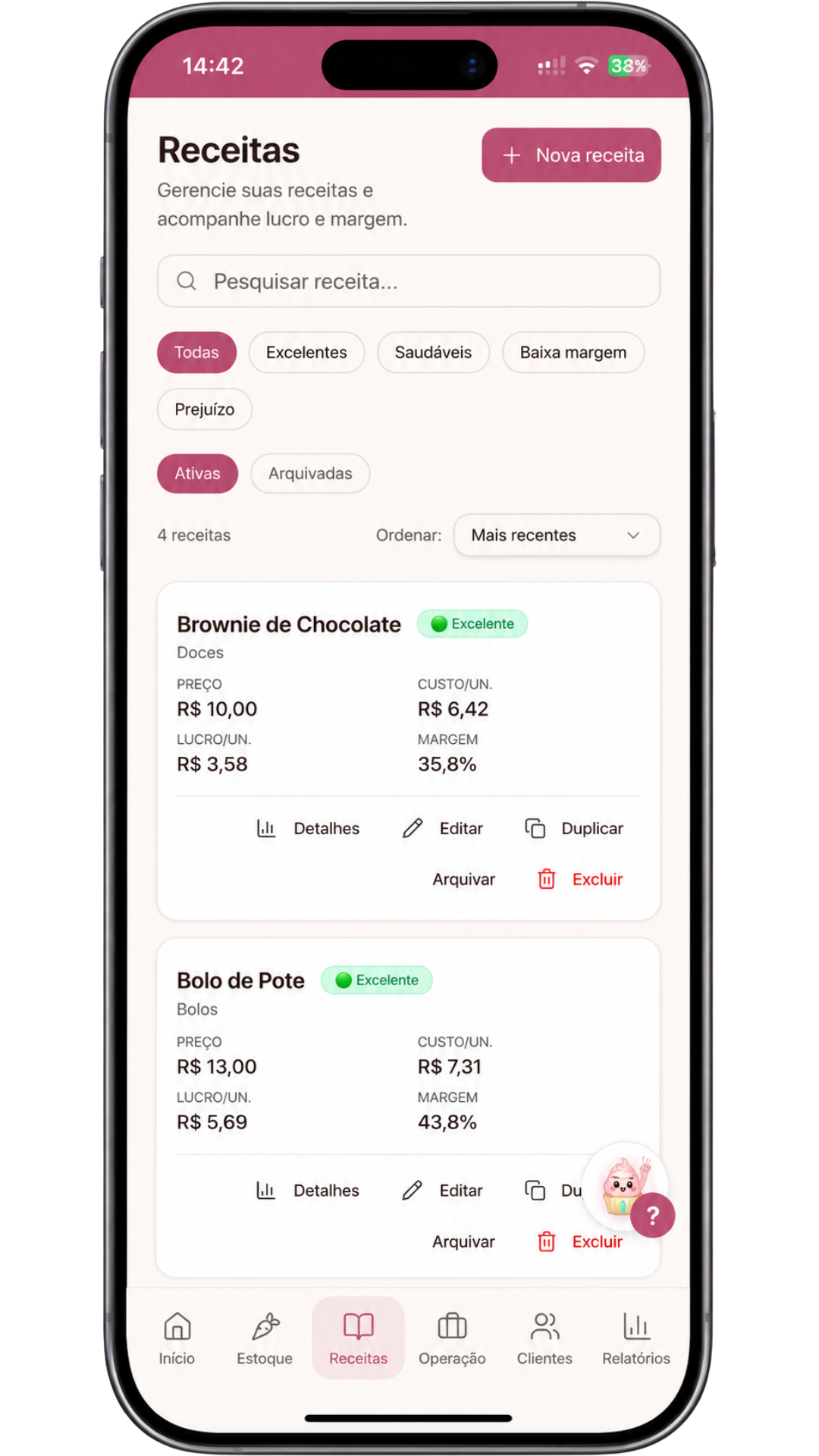 Tela de receitas e margens do DoceDesk